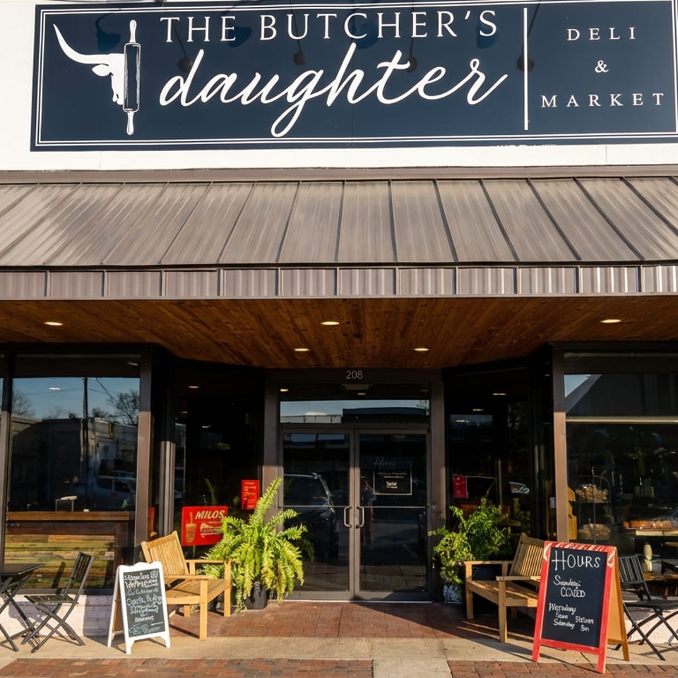 The Butcher’s Daughter deli and market storefront with outdoor café tables, chalkboard signs, potted plants, and glass doors.