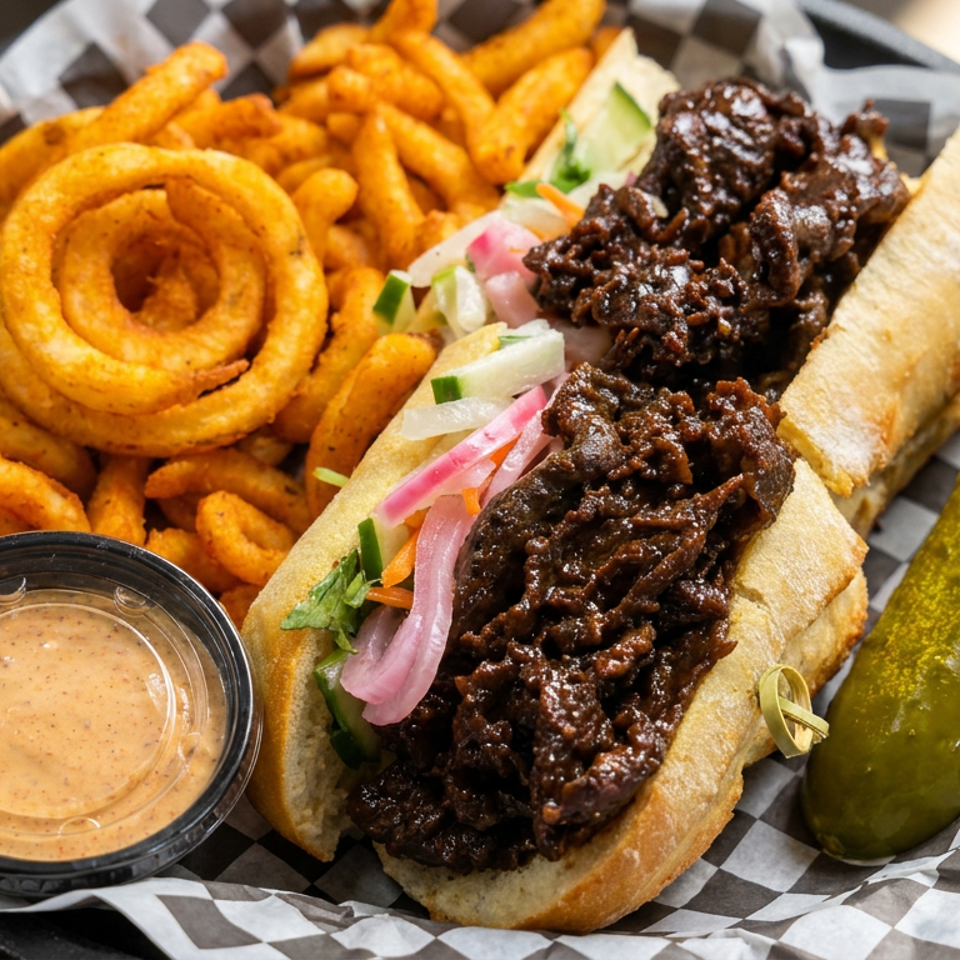 Steak sandwich with pickled onions, curly fries, dipping sauce, and pickle spear served in a checkered-lined basket.