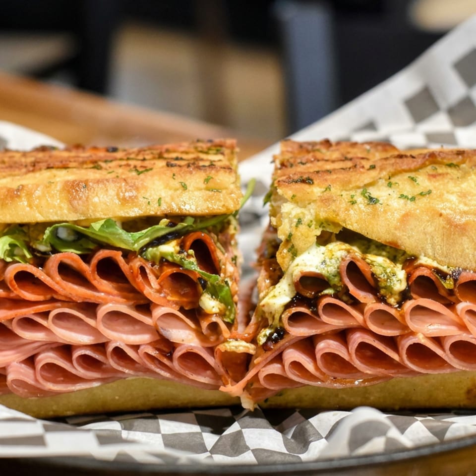 Two deli meat sandwiches with layered ham, salami, greens, melted cheese, and sauce on checkered paper.