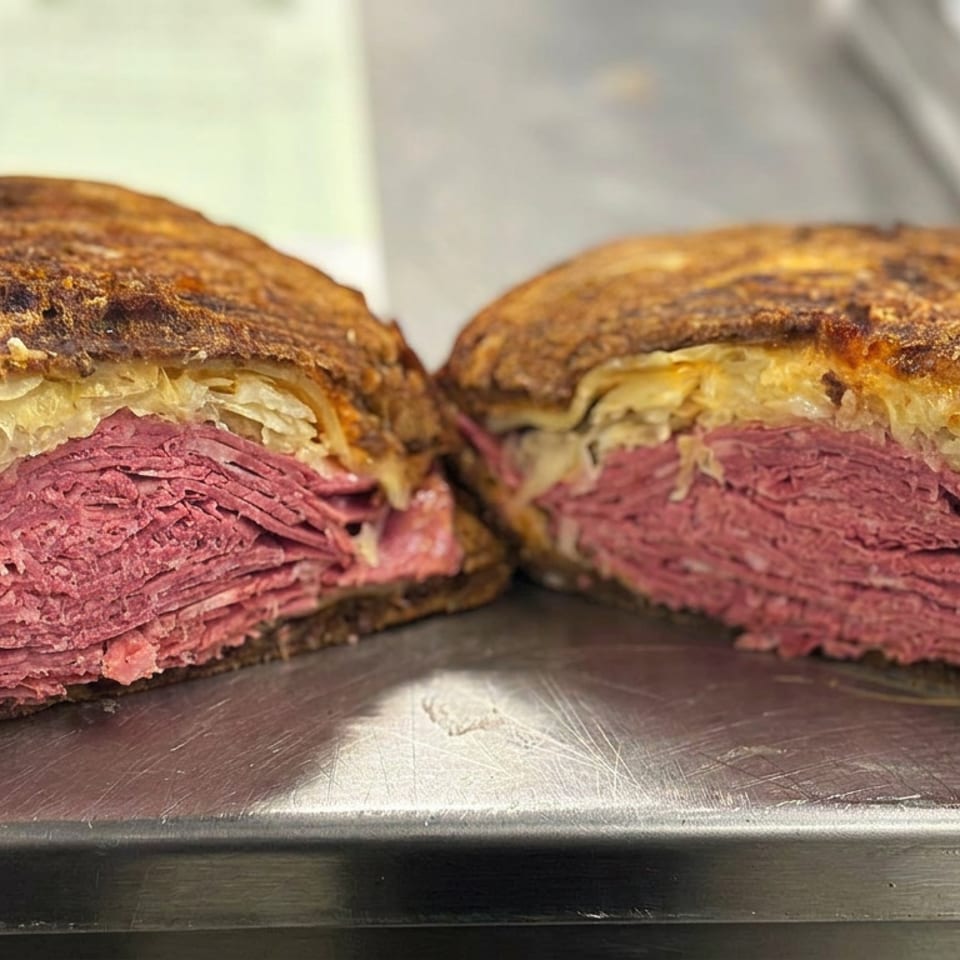 Sliced toasted corned beef sandwiches with melted cheese and sauerkraut on a metal tray.