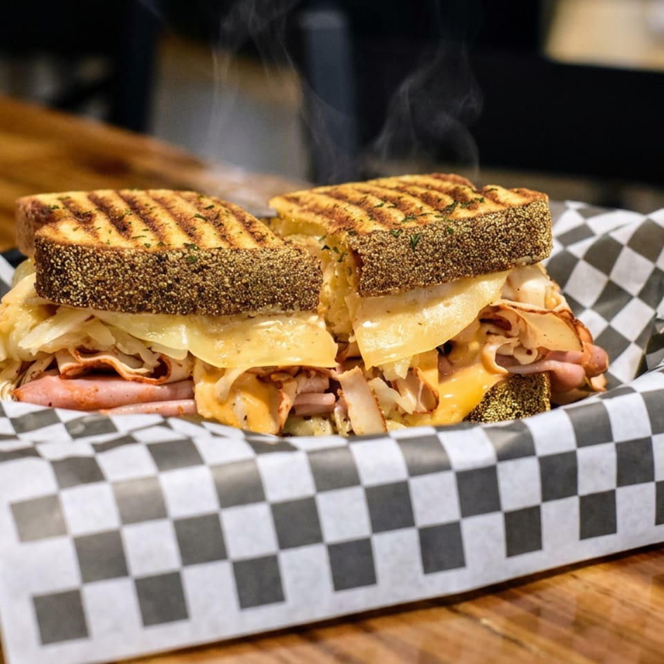 Grilled cheese sandwiches filled with melted cheese, ham, and sautéed onions served in a checkered-lined basket on a wooden table.