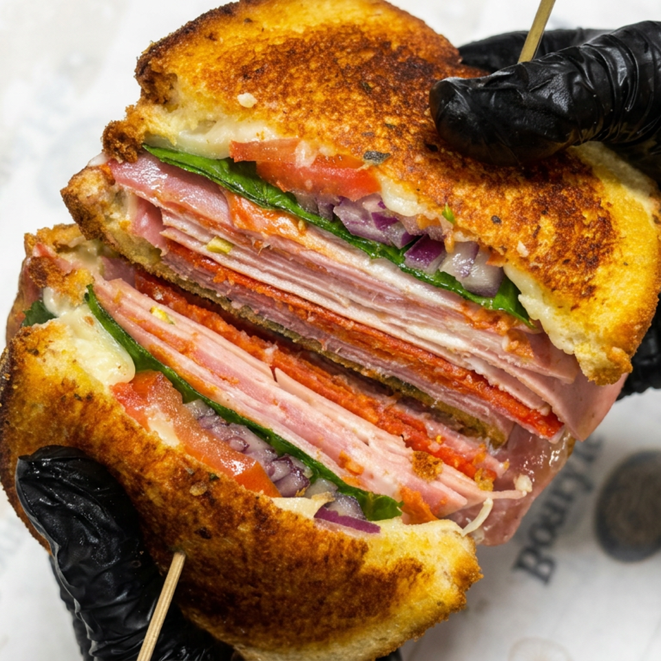 Gloved hands hold a toasted layered sandwich showing ham, salami, cheese, tomatoes, greens, and onions.