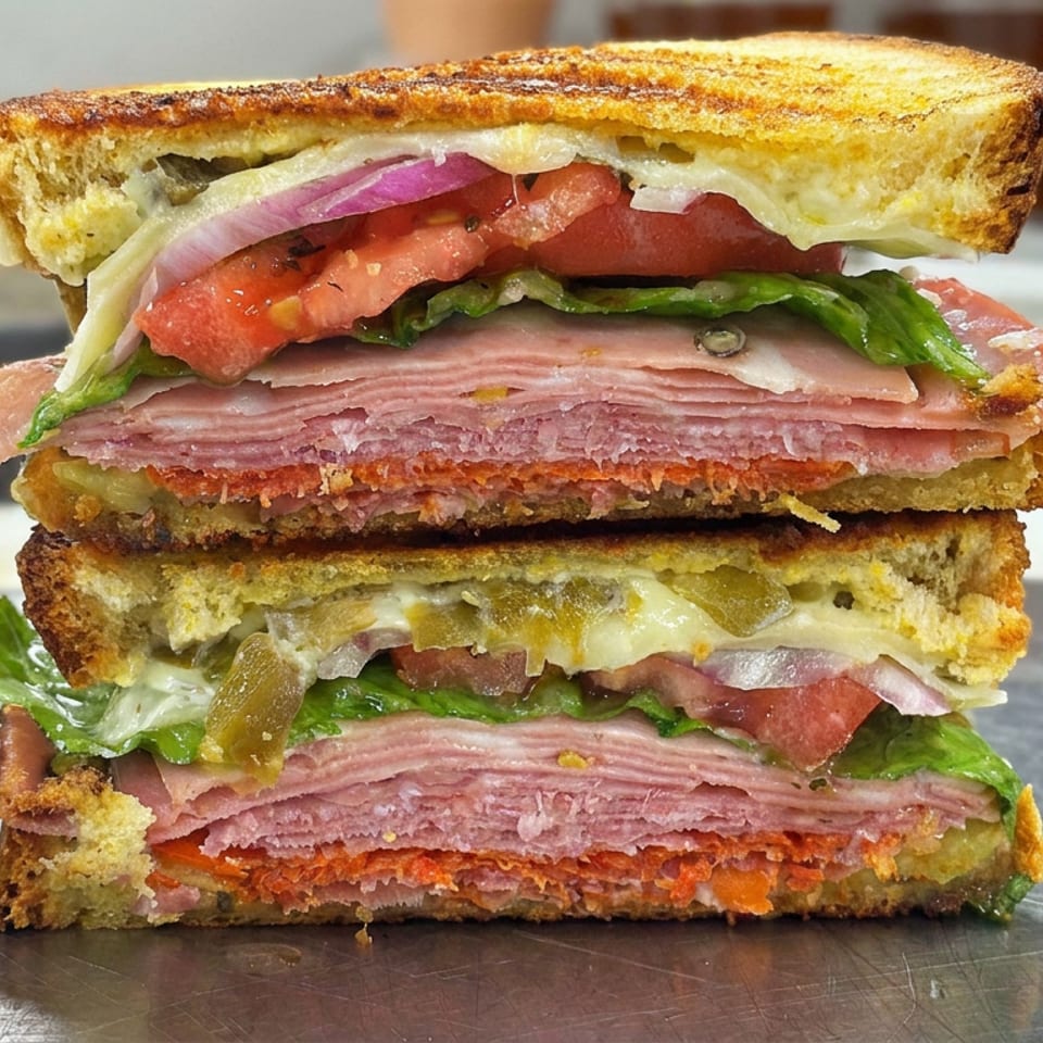 Stacked deli sandwich with toasted bread, layered ham, salami, melted cheese, lettuce, tomatoes, and onions on a metal counter.