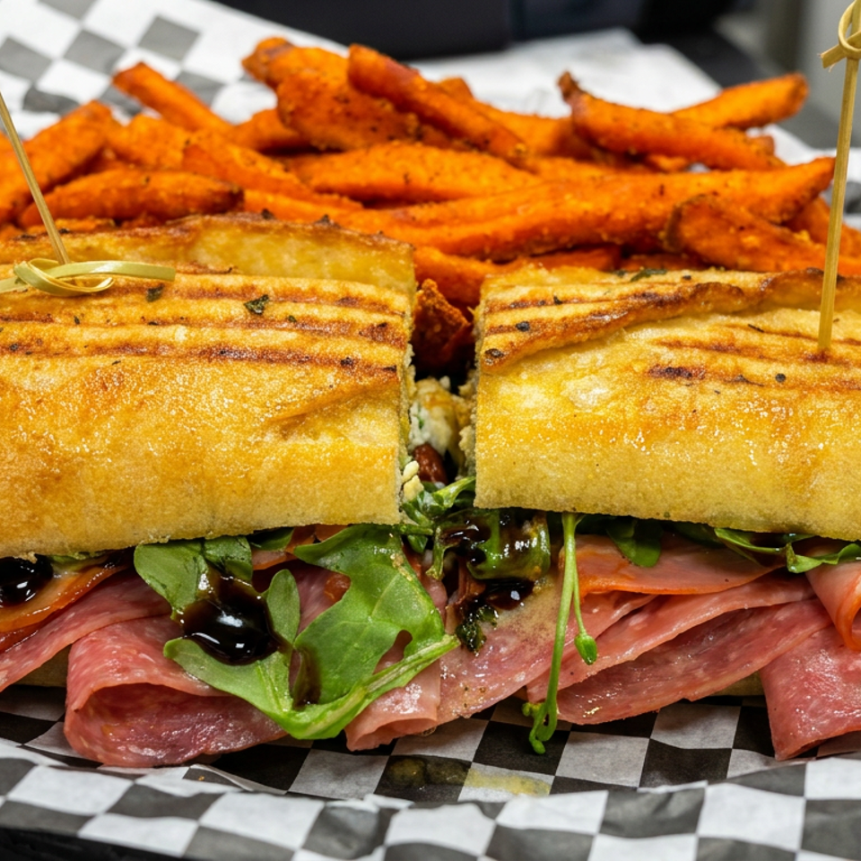 Grilled Italian-style sandwich with sliced cured meats, greens, and tomatoes served with seasoned sweet potato fries.