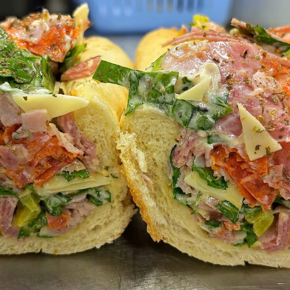 Two overstuffed Italian deli sandwiches with salami, ham, pepperoni, provolone, lettuce, tomatoes, and peppers on a counter.